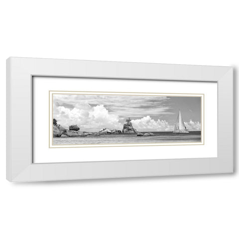 Sailboat at La Digue, Seychelles (BW) White Modern Wood Framed Art Print with Double Matting by Pangea Images