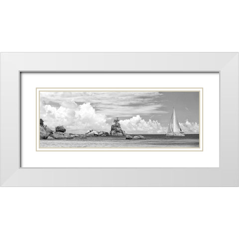 Sailboat at La Digue, Seychelles (BW) White Modern Wood Framed Art Print with Double Matting by Pangea Images