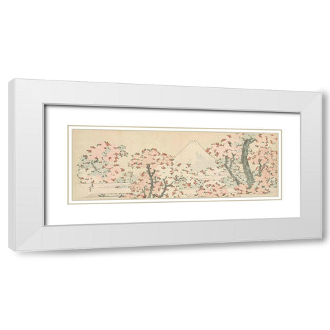 Mount Fuji with Cherry Trees in Bloom White Modern Wood Framed Art Print with Double Matting by Hokusai, Katsushika