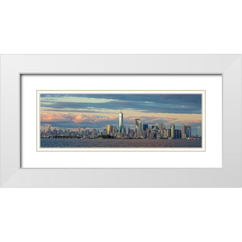 Manhattan with Statue of Liberty and One WTC White Modern Wood Framed Art Print with Double Matting by Berenholtz, Richard