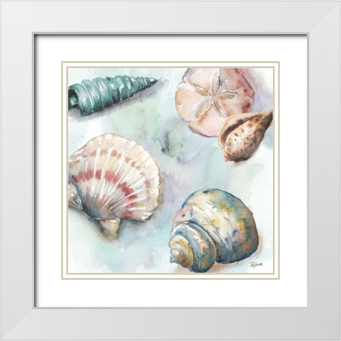 Watercolor Shell Toss I White Modern Wood Framed Art Print with Double Matting by Tre Sorelle Studios