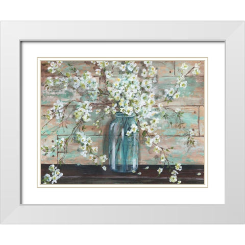 Blossoms in Mason Jar White Modern Wood Framed Art Print with Double Matting by Tre Sorelle Studios