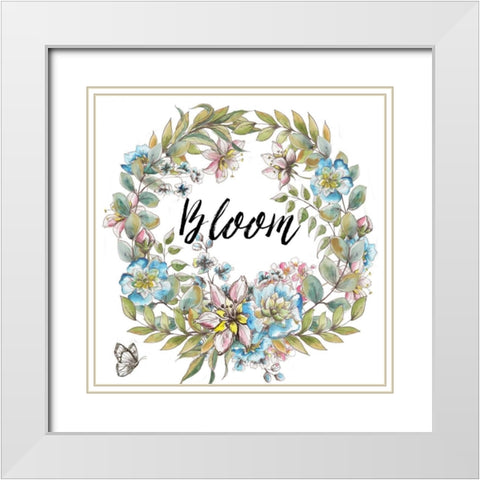 Boho Floral Wreath Bloom White Modern Wood Framed Art Print with Double Matting by Tre Sorelle Studios