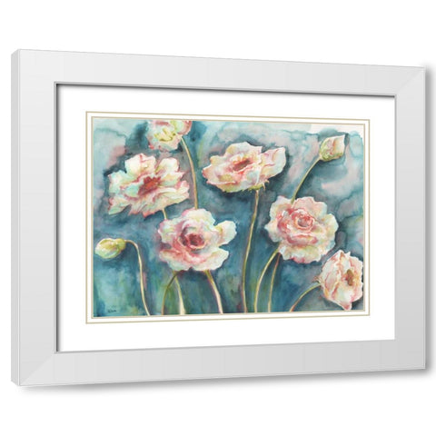 Pink Florals on Turquoise Landscape White Modern Wood Framed Art Print with Double Matting by Tre Sorelle Studios