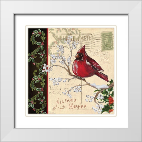 Christmas Bird Postcard III White Modern Wood Framed Art Print with Double Matting by Tre Sorelle Studios