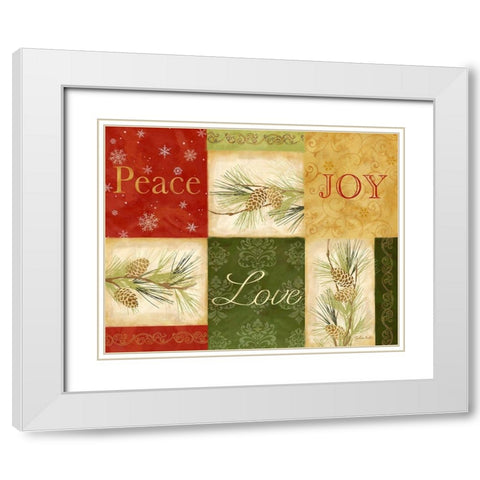 Peace Love Joy Pinecones rectangle White Modern Wood Framed Art Print with Double Matting by Coulter, Cynthia