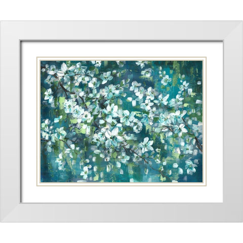 Teal Blossoms Landscape White Modern Wood Framed Art Print with Double Matting by Tre Sorelle Studios