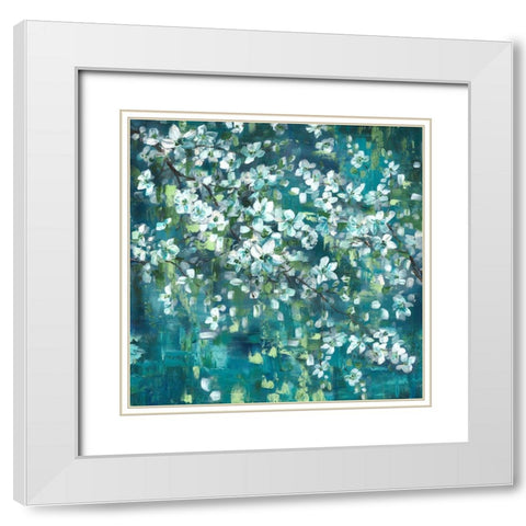 Teal Blossoms Square White Modern Wood Framed Art Print with Double Matting by Tre Sorelle Studios