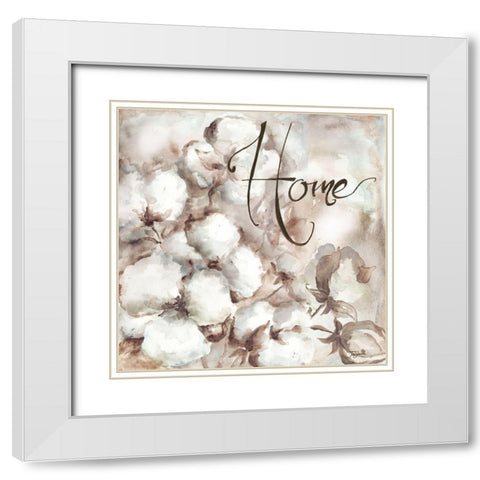 Cotton Boll Triptych Sentiment I (Home) White Modern Wood Framed Art Print with Double Matting by Tre Sorelle Studios