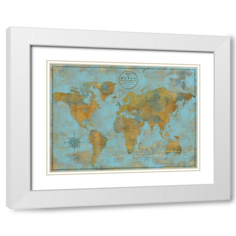Rustic World Map Sky Blue White Modern Wood Framed Art Print with Double Matting by Elaine-Cusson, Marie