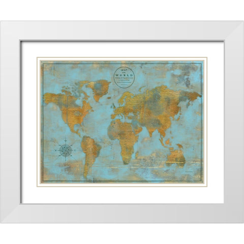 Rustic World Map Sky Blue White Modern Wood Framed Art Print with Double Matting by Elaine-Cusson, Marie