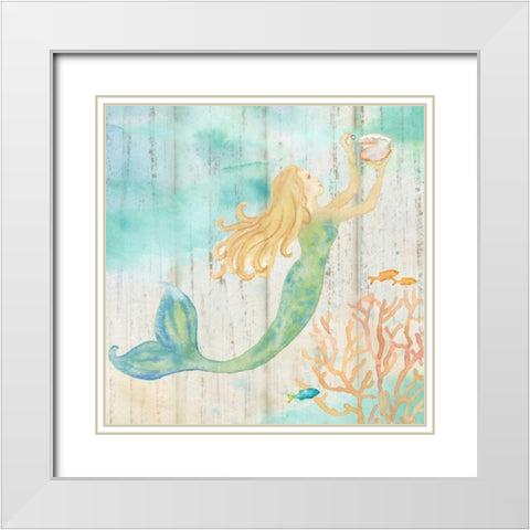 Sea Splash Mermaid Woodgrain I White Modern Wood Framed Art Print with Double Matting by Coulter, Cynthia