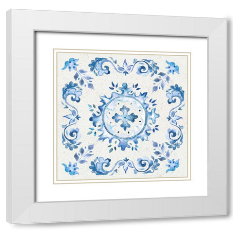 Artisan Medallions White/Blue IV White Modern Wood Framed Art Print with Double Matting by Tre Sorelle Studios