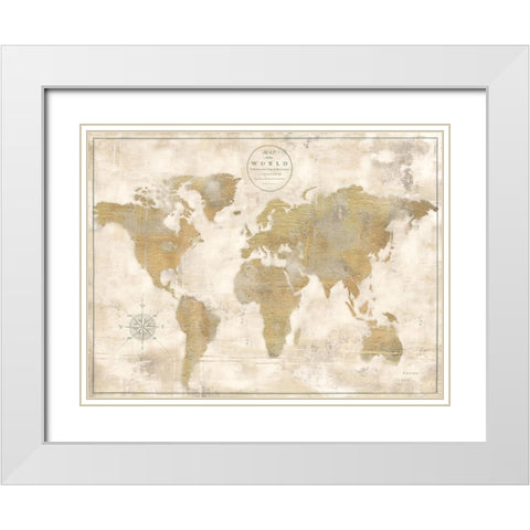 Rustic World Map Cream No Words White Modern Wood Framed Art Print with Double Matting by Cusson, Marie Elaine