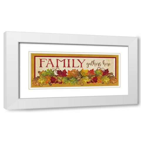 Fall Harvest Family Gathers Here sign White Modern Wood Framed Art Print with Double Matting by Reed, Tara