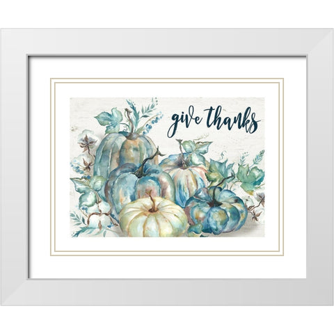 Blue Watercolor Harvest Pumpkin Landscape Give Thanks White Modern Wood Framed Art Print with Double Matting by Tre Sorelle Studios