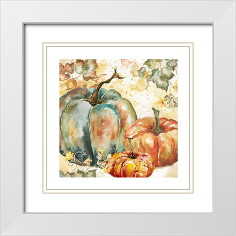 Watercolor Harvest Teal and Orange Pumpkins I White Modern Wood Framed Art Print with Double Matting by Tre Sorelle Studios