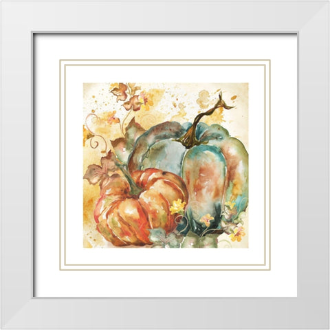 Watercolor Harvest Teal and Orange Pumpkins II White Modern Wood Framed Art Print with Double Matting by Tre Sorelle Studios