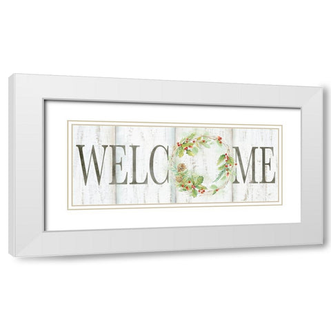 Holiday Wreath Welcome Sign White Modern Wood Framed Art Print with Double Matting by Coulter, Cynthia