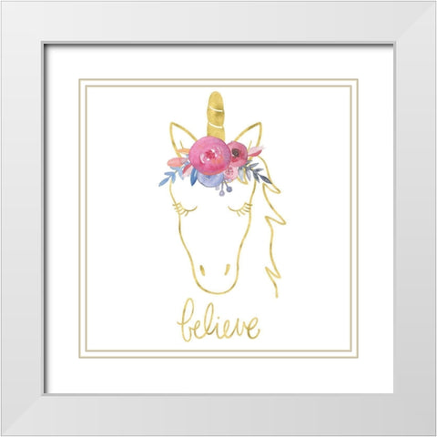 Golden Unicorn II Believe White Modern Wood Framed Art Print with Double Matting by Noonday Design