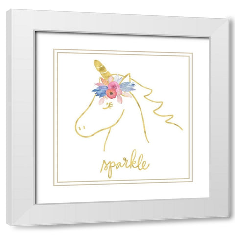 Golden Unicorn III Sparkle White Modern Wood Framed Art Print with Double Matting by Noonday Design