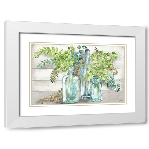 Vintage Bottles and Ferns Landscape White Modern Wood Framed Art Print with Double Matting by Tre Sorelle Studios