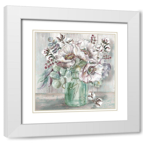 Blush Poppies and Eucalyptus in Mason Jar White Modern Wood Framed Art Print with Double Matting by Tre Sorelle Studios