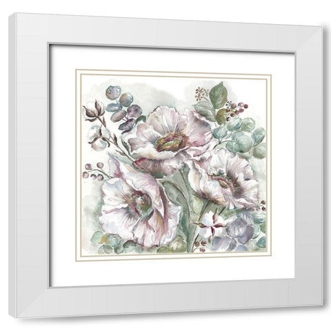 Blush Poppies and Eucalyptus  White Modern Wood Framed Art Print with Double Matting by Tre Sorelle Studios