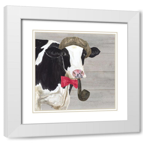 Intellectual Animals II Cow and Pipe White Modern Wood Framed Art Print with Double Matting by Reed, Tara