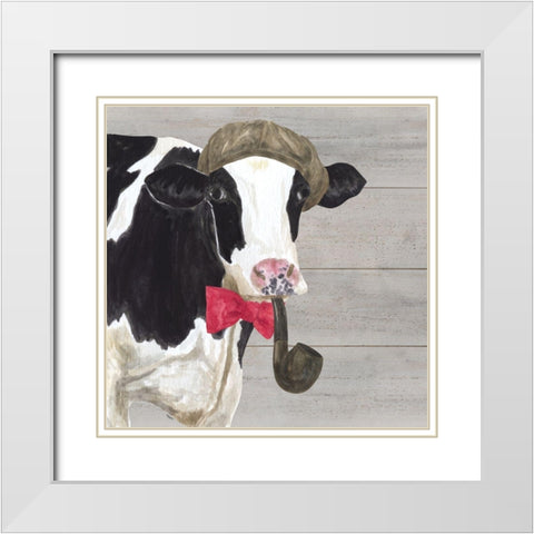 Intellectual Animals II Cow and Pipe White Modern Wood Framed Art Print with Double Matting by Reed, Tara