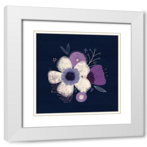 Cream Florals on Navy I White Modern Wood Framed Art Print with Double Matting by Noonday Design