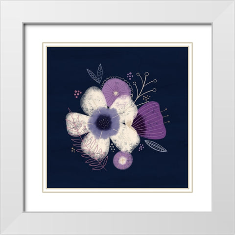 Cream Florals on Navy I White Modern Wood Framed Art Print with Double Matting by Noonday Design