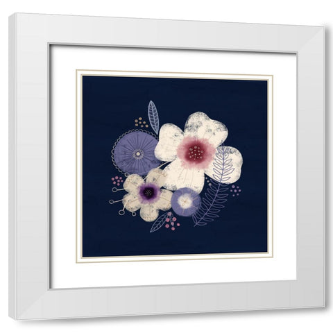 Cream Florals on Navy II White Modern Wood Framed Art Print with Double Matting by Noonday Design