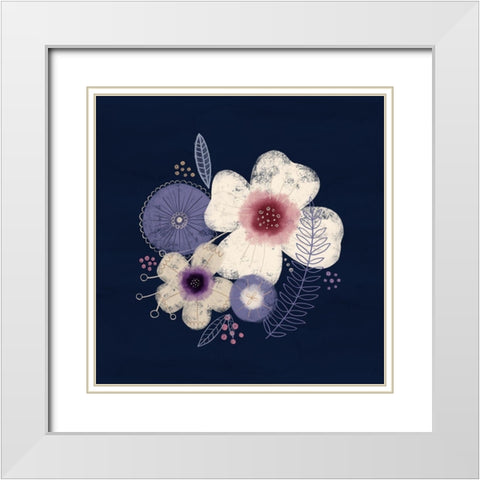 Cream Florals on Navy II White Modern Wood Framed Art Print with Double Matting by Noonday Design