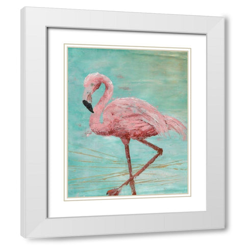 Pink Flamingo II White Modern Wood Framed Art Print with Double Matting by Cusson, Marie-Elaine