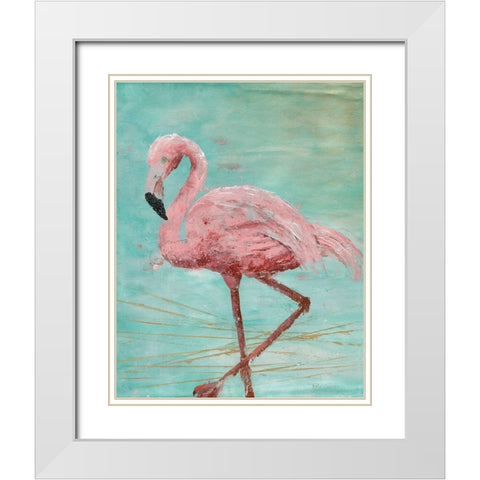Pink Flamingo II White Modern Wood Framed Art Print with Double Matting by Cusson, Marie-Elaine