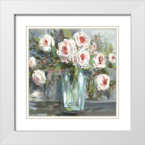 Pink Blooms Still Life Square White Modern Wood Framed Art Print with Double Matting by Tre Sorelle Studios