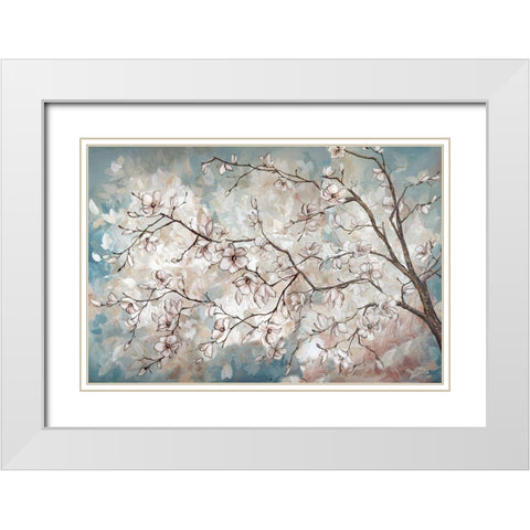 Magnolia branches on blue White Modern Wood Framed Art Print with Double Matting by Tre Sorelle Studios