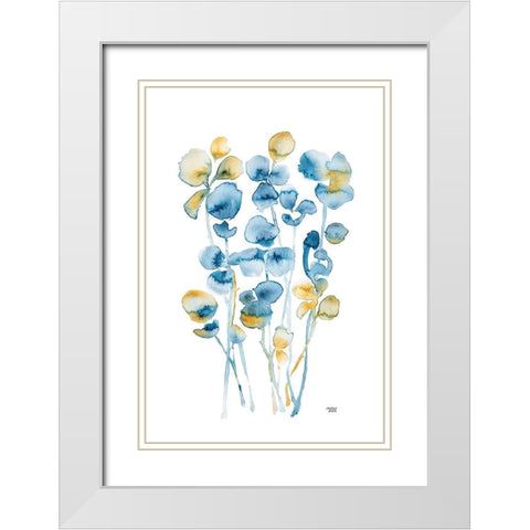 Blue and Gold Watercolor Floral White Modern Wood Framed Art Print with Double Matting by Bijou, Andrea