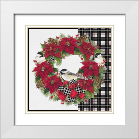 Chickadee Christmas Red V Wreath White Modern Wood Framed Art Print with Double Matting by Reed, Tara