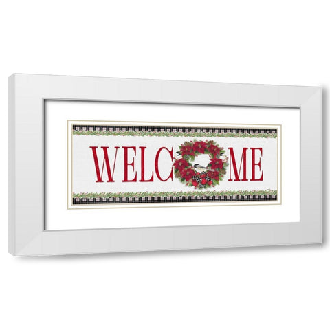 Chickadee Christmas Red-Welcome White Modern Wood Framed Art Print with Double Matting by Reed, Tara