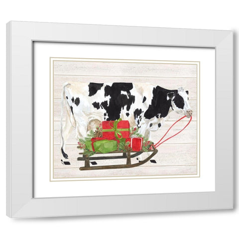 Christmas on the Farm I-Cow with Sled White Modern Wood Framed Art Print with Double Matting by Reed, Tara