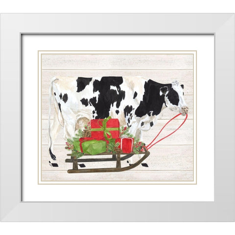 Christmas on the Farm I-Cow with Sled White Modern Wood Framed Art Print with Double Matting by Reed, Tara