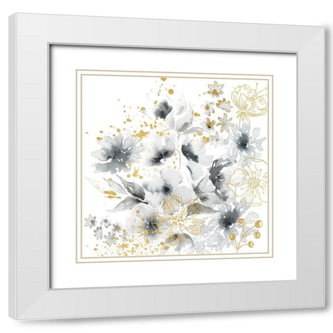 Watercolor Gray and Gold Floral White Modern Wood Framed Art Print with Double Matting by Tre Sorelle Studios