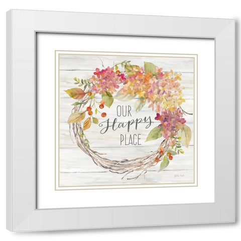 Farmhouse Hydrangea Wreath Spice II Happy Place White Modern Wood Framed Art Print with Double Matting by Coulter, Cynthia