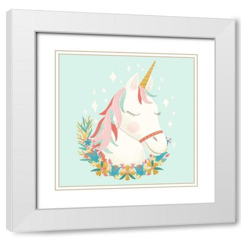 Unicorns and Flowers I White Modern Wood Framed Art Print with Double Matting by Noonday Design