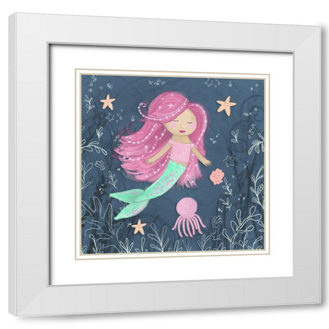 Mermaid and Octopus Navy I White Modern Wood Framed Art Print with Double Matting by Hartworks