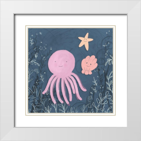 Mermaid and Octopus Navy II White Modern Wood Framed Art Print with Double Matting by Hartworks