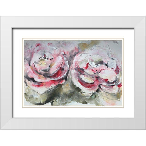 Pair of Pink Roses Landscape White Modern Wood Framed Art Print with Double Matting by Chapman, Marcy