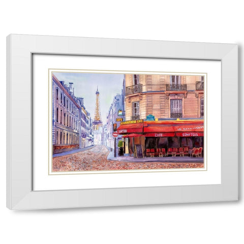 Paris Cafe w/Eiffel White Modern Wood Framed Art Print with Double Matting by Bannarot